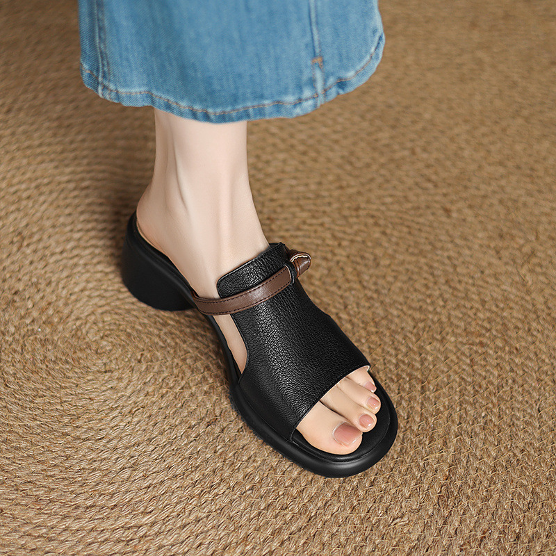 Dép lê gót vuông đế dày da cừu nữ quai ngang gót 7 cm — Màu đen