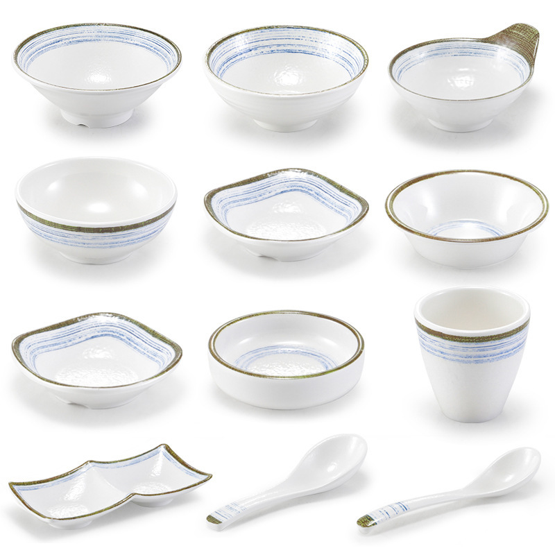 Melamine tableware imitation porcelain bowl dish suit Japanese cuisine hot pot table plastic thickened small Bowl Rice Bowl Cup spoon commercial