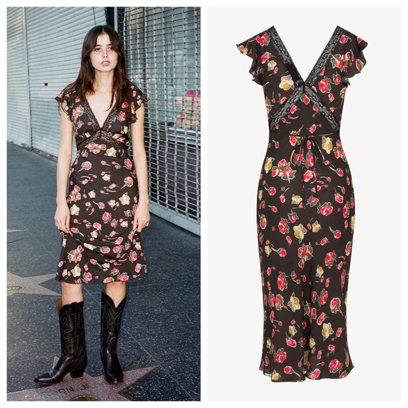 Original Quality 25 Years Summer French Floral V Neck Black Lace Floral Bias Cut Heavy Silk Mid-Length Dress