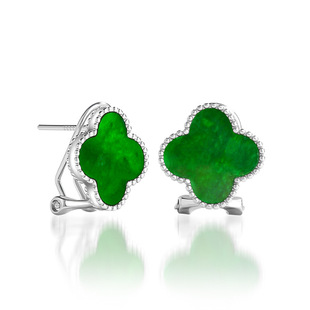 Natural Burma A Jade Flower Green Four-leaf Clover Earrings Earrings Jade S925 Silver Set Fashion Women's High-end