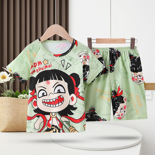 Whichone Children's Summer T-shirt Pajamas, Cartoon Casual Crew Neck Set, Onesie for Boys, Unisex, Short Sleeve