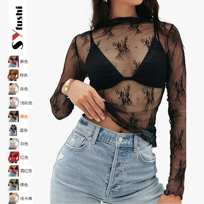 Cross-Border Amazon European and American Women's Mesh Top, Transparent Lace Layered Mid-Round Neck See-Through Shirt