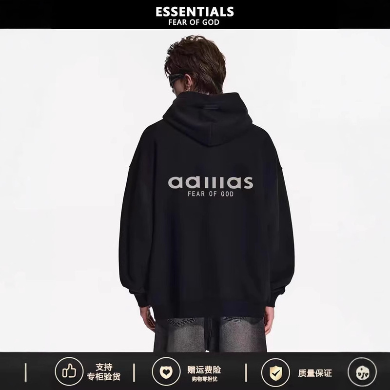Essentials X Ad Three-Stripe New Trendy Brand High Street Fleece-Lined Loose Fog Hoodie for Men, Autumn and Winter