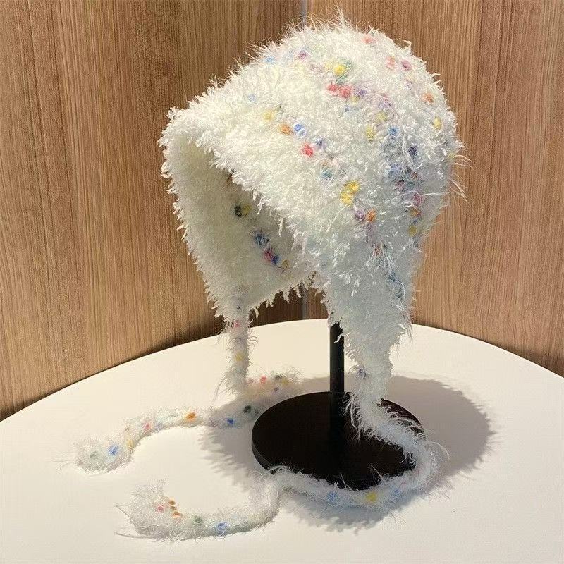 彩色豆豆毛绒帽子女秋冬保暖护耳毛线帽显脸小百搭系带针织包头帽|undefined