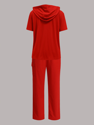 Women's Casual Hooded T-Shirt & Straight Leg Pants Set - Solid Color Lounge Outfit (S-XXL, Blue/Black/Gray/Red)_ecoleips.com