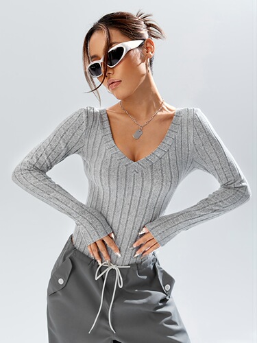Summer New Collection Simple Casual Solid Color Deep V-Neck Striped Design Slimming Waist Length Sleeveless Bodysuit for Women
