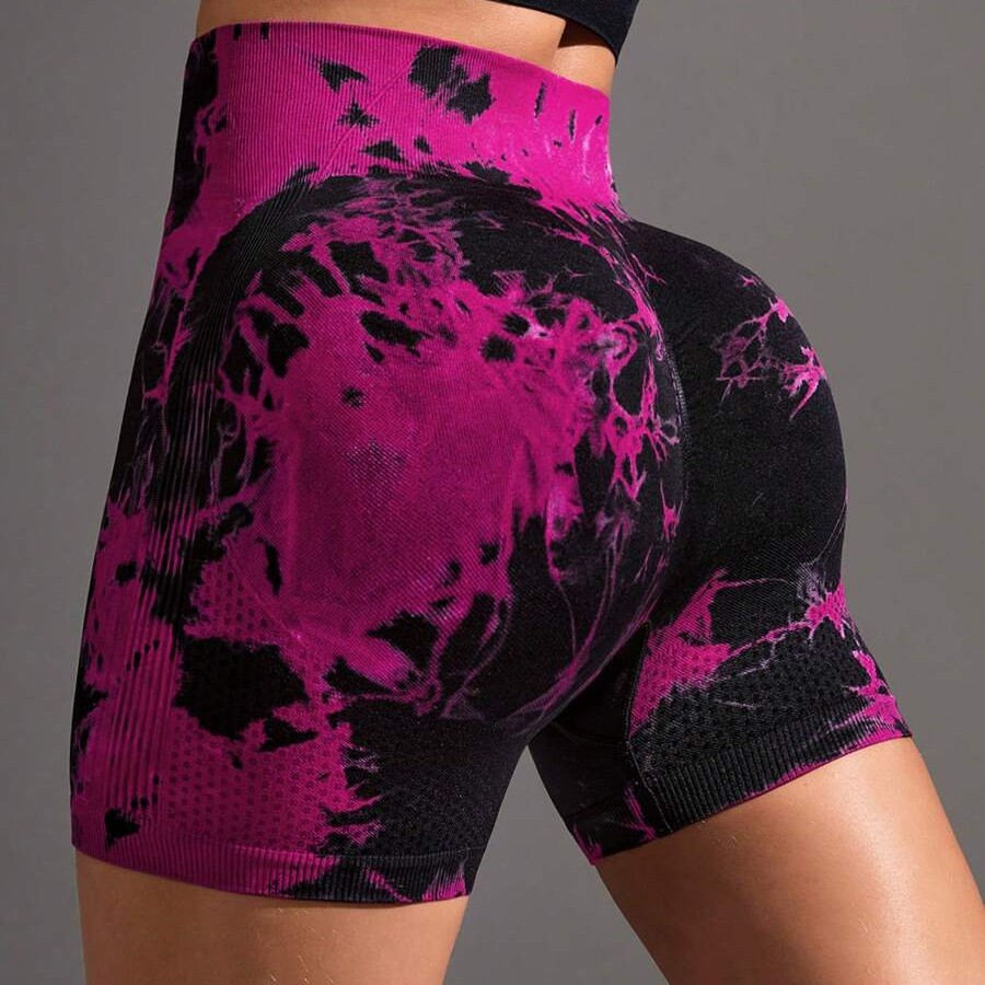 跨境爆款无缝扎染运动瑜伽短裤 欧美热销款高弹速干跑步健身裤女