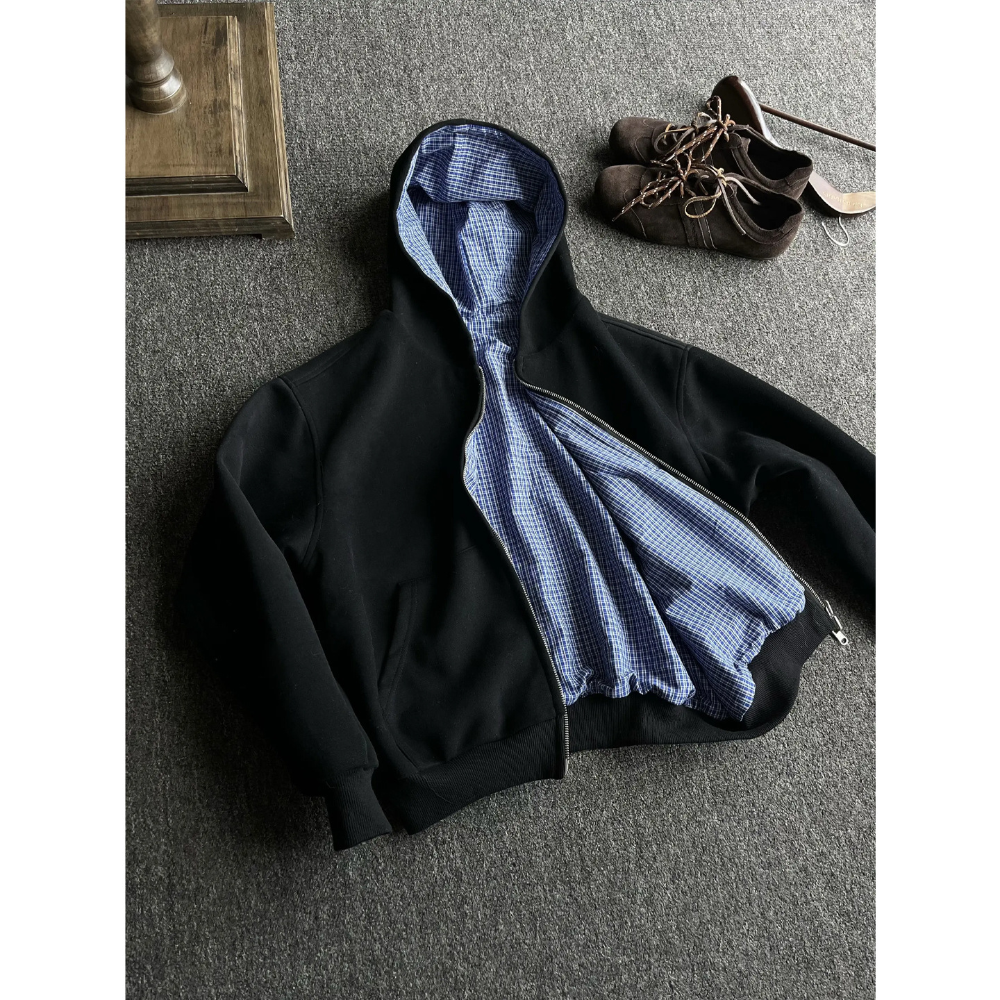 Wendbares Sweatshirt im amerikanischen Karomuster, Herren-Cardigan mit Reißverschluss, Kapuzenjacke, Cleanfit, kurze und weite Jacke_voghion.com