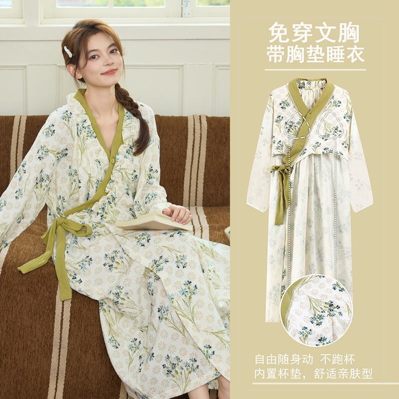 Cloud Cotton Lace-Up Nightgown for Women Autum Sweet Style Long-Sleeved Nightgown Kimono Mid-Length Pajamas with Breast Pads Home Clothes