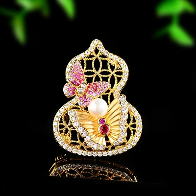 Traditional Chinese-style gourd and butterfly brooch, featuring openwork enamel and freshwater pearls, suitable as a pin or accessory for suits and coats (Yaxa sancaqları) - gold-xr17861