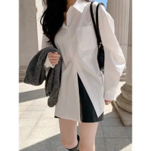 外贸新款纯色百搭衬衫女宽松显瘦设计感小众法式上衣女士衬衣批发
