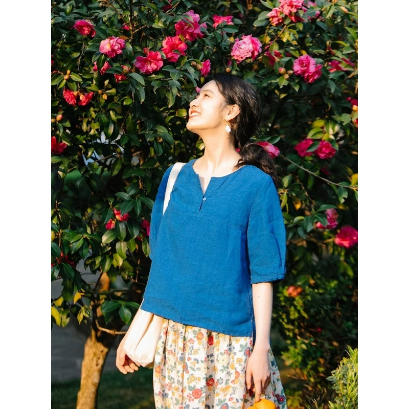 Женская хлопковая рубашка в ретро стиле, однотонная, летняя, тонкая, с круглым вырезом, свободного кроя, из хлопка и льна, 2025 года.