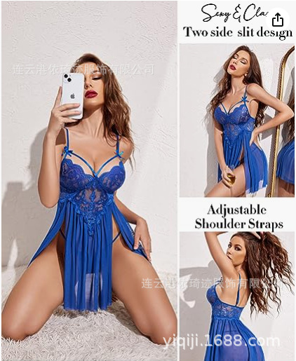 Comercio exterior europeo y americano sexy lencería sexy encaje malla costura Correa split pecho expuesto vestido camisón al por mayor