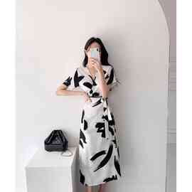 现货 韩国chic 法式水墨画系带连衣裙
