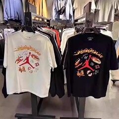 跨境乔丹AJ短袖胸前飞人logo情侣休闲运动圆领宽松纯棉印花动T恤