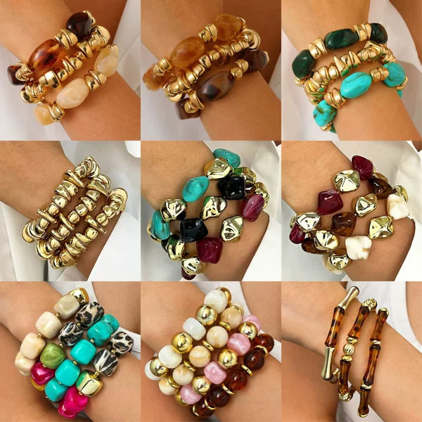 European and American Cross-Border Fashion Retro Asymmetrical Resin Ccb Broken Silver Bracelet Beaded Set Maillard Bracelet for Women