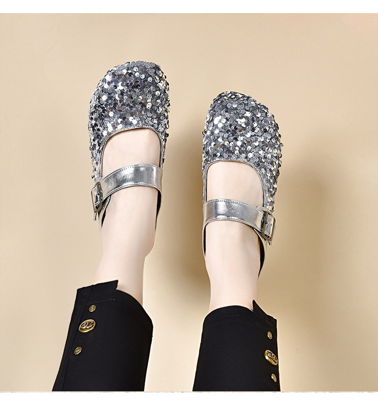 Dép lê bít mũi da thật mũi tròn, gót bằng đính sequin, thời trang mùa hè — Màu đen chi tiết 7