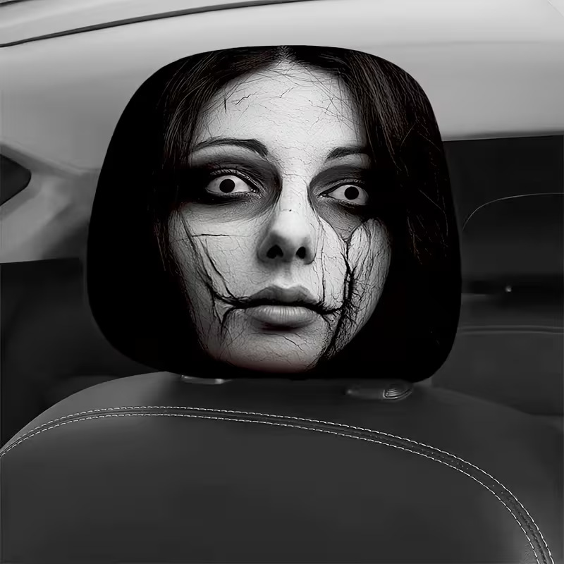 Car Headrest Cover with Female Ghost Skull Print, Customizable with Label, Dropshipping Available, Made from Your Image, Popular Cross-Border Item, Universal Fit