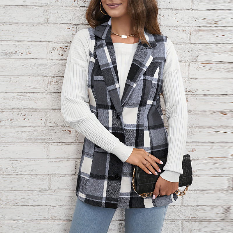 Chaqueta de mujer de comercio exterior transfronterizo chaleco a cuadros europeo y americano 2025 primavera estilo elegante cárdigan sin mangas de un solo pecho image 8