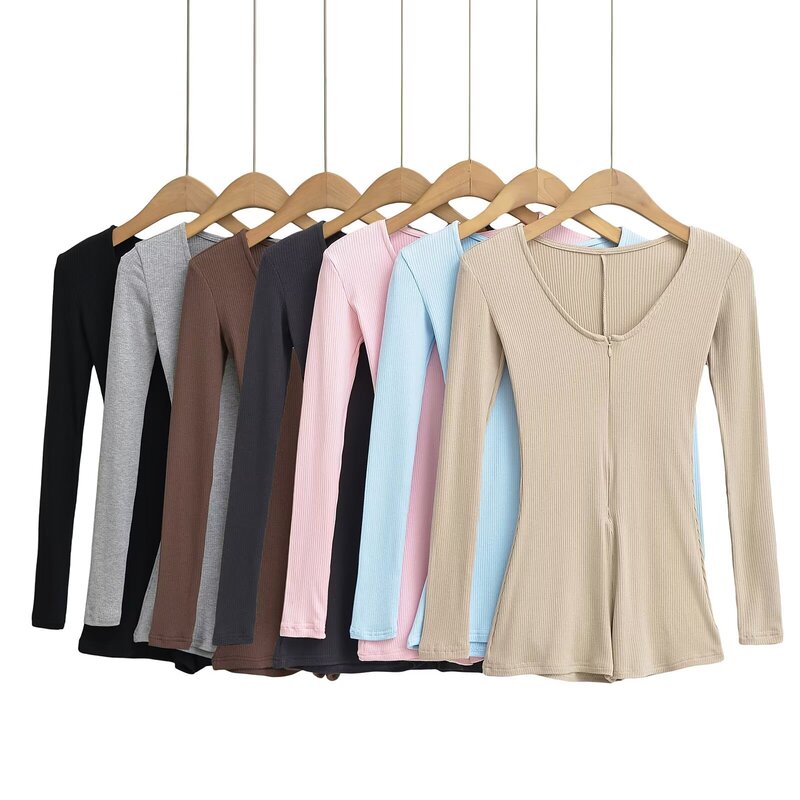 Ry23397-24 Autumn New Style American-Style Spicy Girl Style Deep V-Neck Long-Sleeve Ribbed Stretch Slim-Fit Zip-Up Jumpsuit Ry23397-24 Autumn New Style American-Style Spicy Girl Style Deep V-Neck Long-Sleeve Ribbed Stretch Slim-Fit Zip-Up Jumpsuit