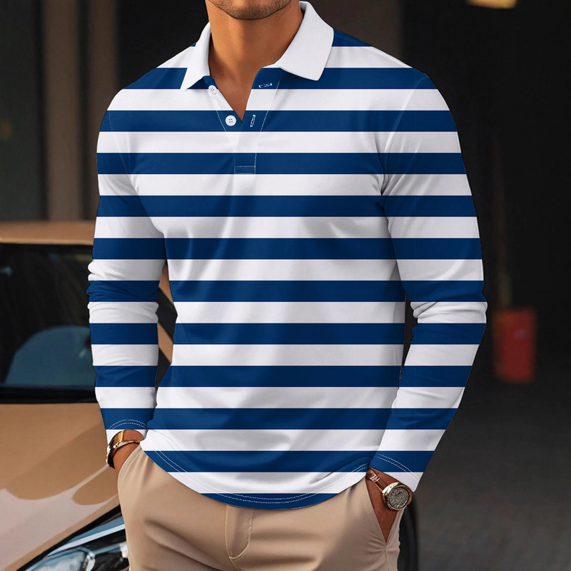 Striped 2025 New Amazon Export Men's Polo Shirt with Buttoned Collar and Long Sleeves, Vacation Casual Top Striped 2025 New Amazon Export Men's Polo Shirt with Buttoned Collar and Long Sleeves, Vacation Casual Top