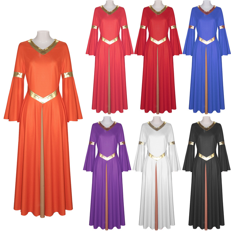 Women's Phnom Penh V-neck Compliments Dance Dress Halloween Stage Performance Dress Trumpet Long Sleeve Church Long Dress