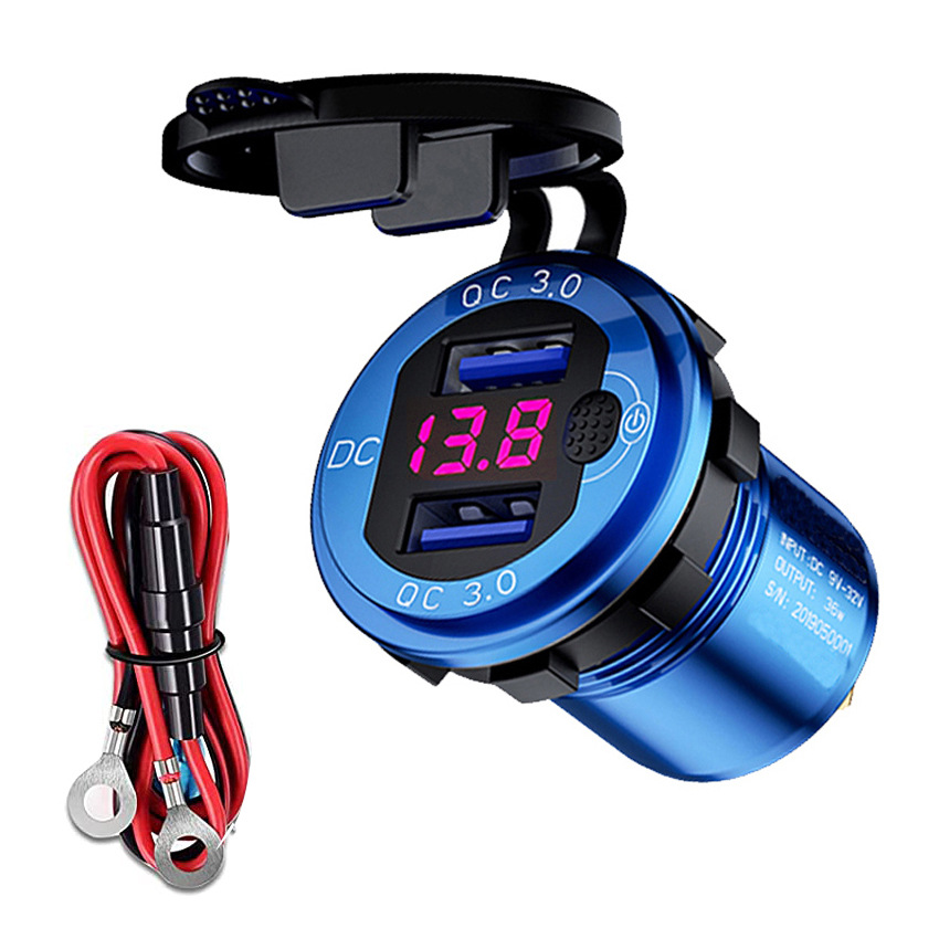 Nuevo coche RV coche modificado aleación de aluminio doble QC3.0 botón electrónico pantalla digital voltímetro Qualcomm carga rápida
