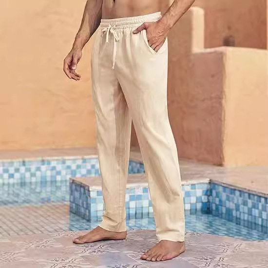 Europe and the United States cross-border new cotton and linen casual pants spring and autumn solid color all-match straight pants men's drawstring cotton and linen trousers