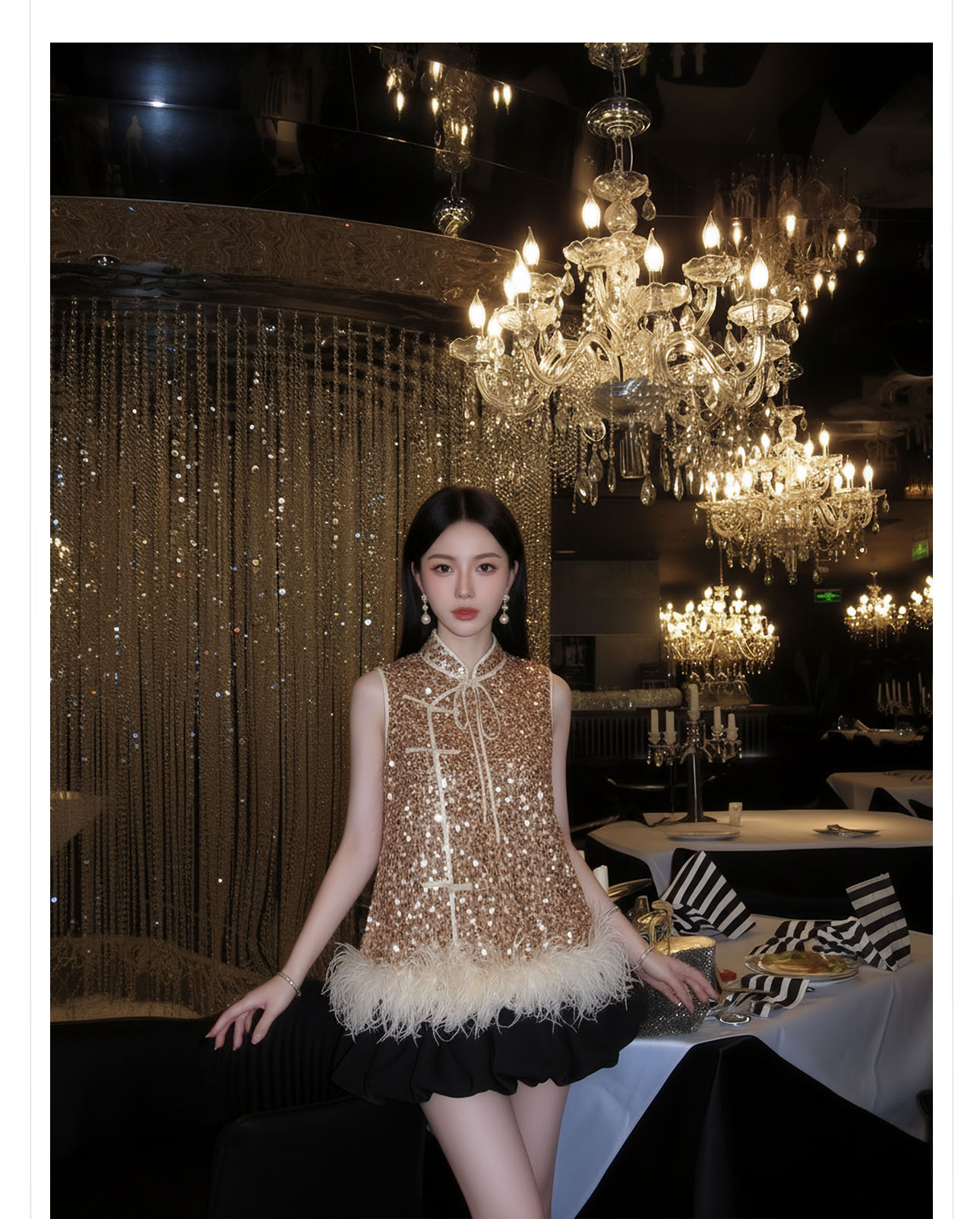 Bộ áo khoác không tay kết hợp váy ngắn phong cách tân cổ điển, đính lông đà điểu và sequin — Lạc đà [Áo khoác không tay], Mơ [Váy ngắn] chi tiết 19