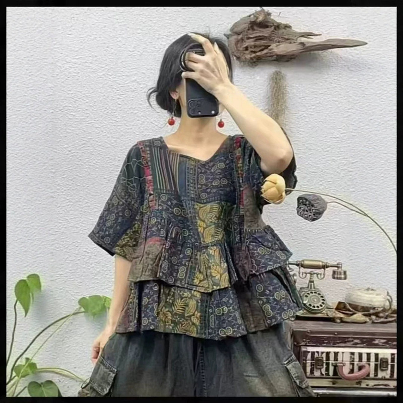 Summer New Style Printed Vintage Doll Shirt Round Neck Pullover Short-Sleeve Top T-Shirt Cotton Linen Lace Waist Artistic Style