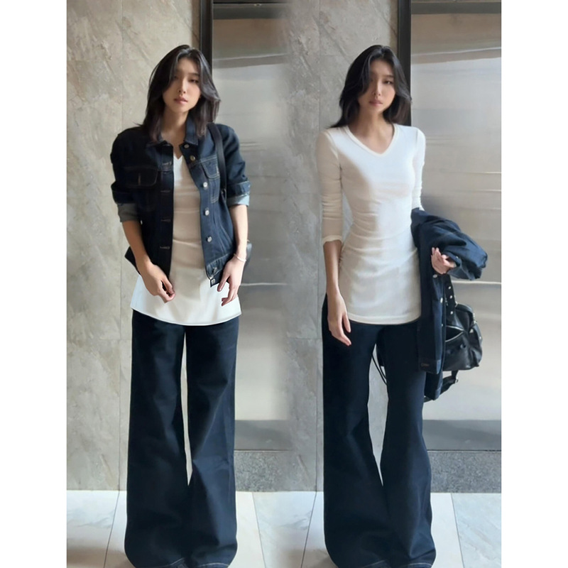 White V Neck Extended Inner Layering Shirt Women's Top Slim Long-Sleeved T-Shirt Mid-Length Butt-Covering Autumn and Winter Wear White V Neck Extended Inner Layering Shirt Women's Top Slim Long-Sleeved T-Shirt Mid-Length Butt-Covering Autumn and Winter Wear