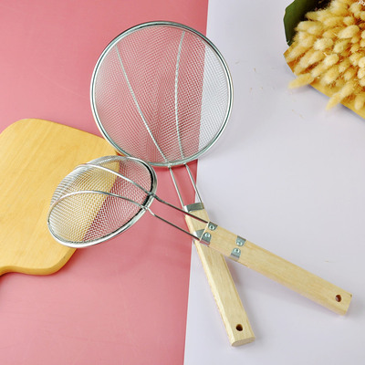家用油炸不锈钢木柄捞篱网漏 厨房饺子面条不锈钢方柄笊篱捞勺|ru