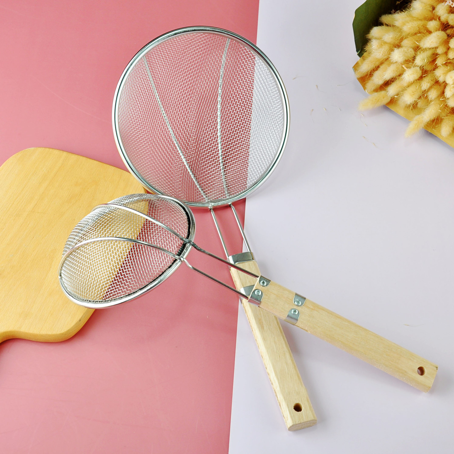 家用油炸不锈钢木柄捞篱网漏 厨房饺子面条不锈钢方柄笊篱捞勺|ru