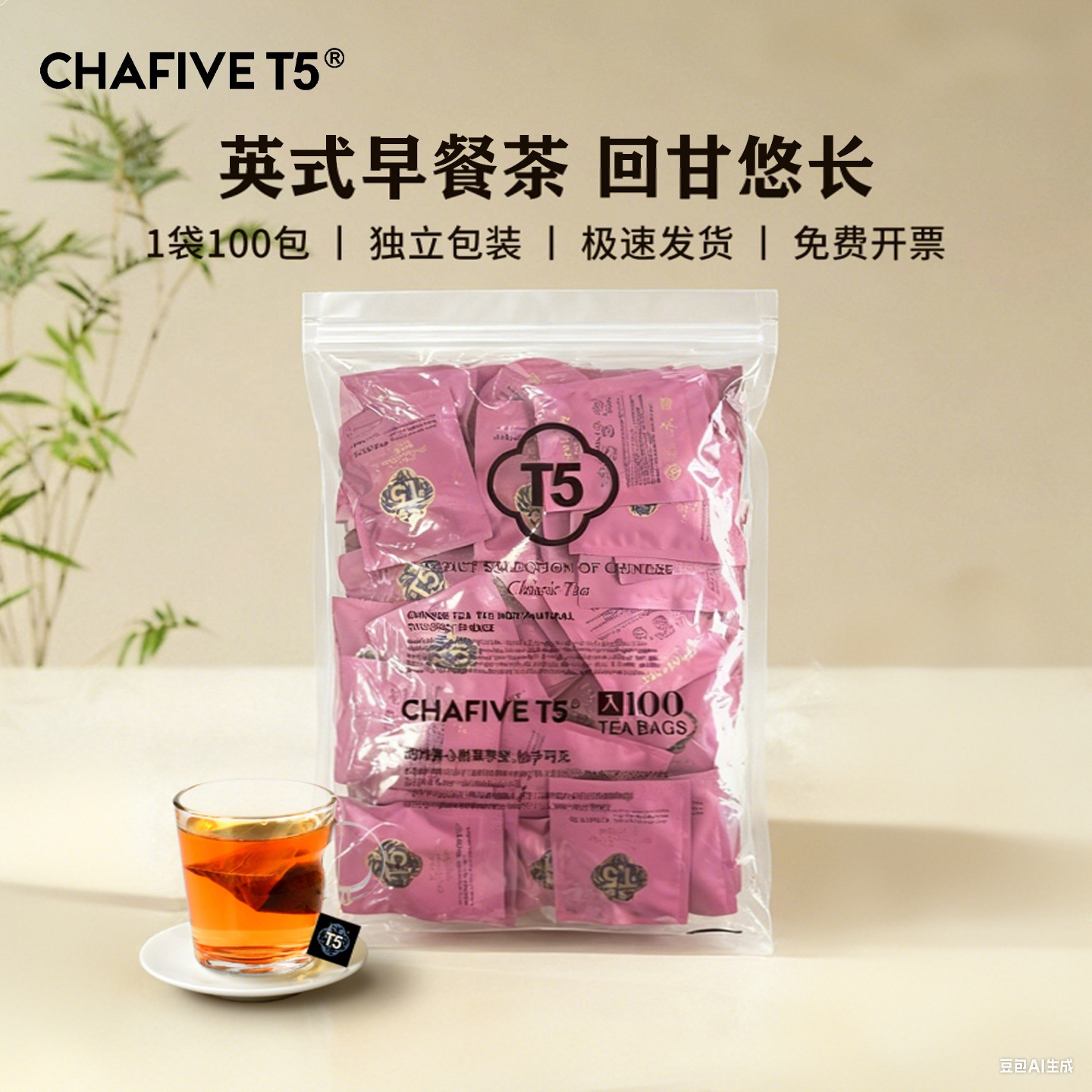 T5英式早餐红茶100包独立包装绿茶茉莉花茶酒店客房专用茶包茶叶