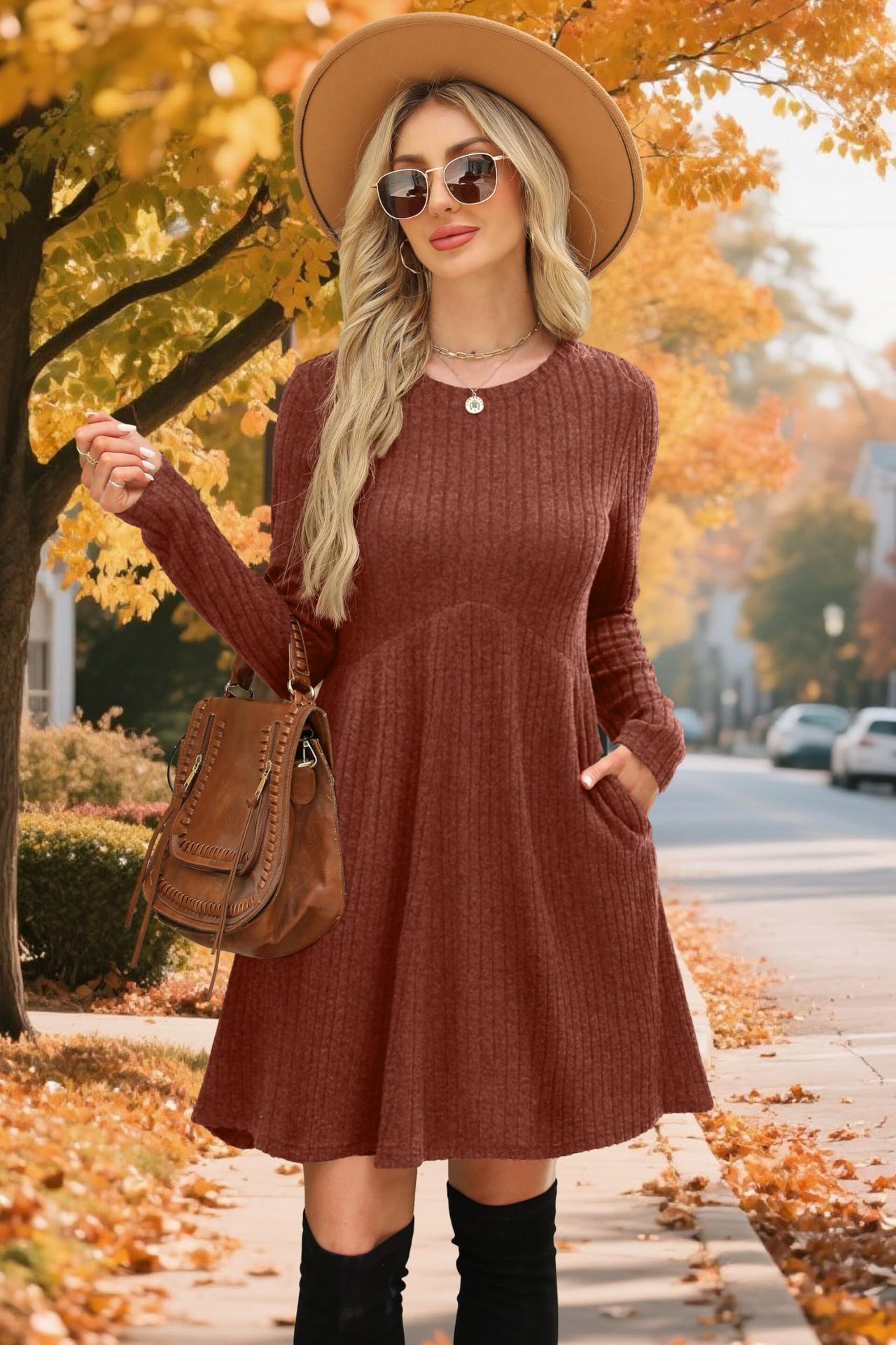 Bohemian Mid-length Autumn Winter Dress Irregular Brushed Ribbed Skirt_voghion.com