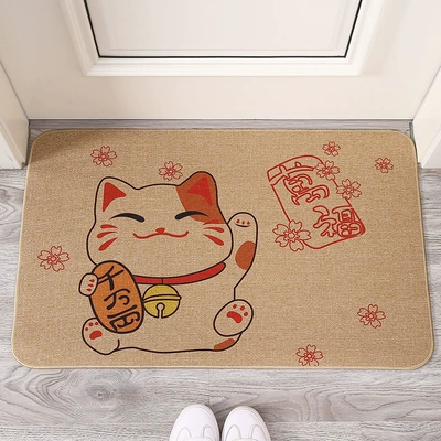 Cartoon linen floor mat for home use, washable, absorbent, quick-drying, non-slip, easy to maintain, dirt-resistant, wear-resistant bathroom mat (Avtomobil döşəmə paspasları) - lucky-cat-4060cm-linen