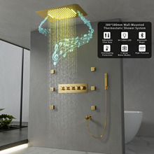 金色暗装淋浴恒温花洒套装嵌入式23*15寸两功能LED音乐花洒顶喷