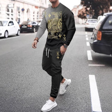 跨境新款男式圆领卫衣套装长裤3D印花时尚户外休闲运动服