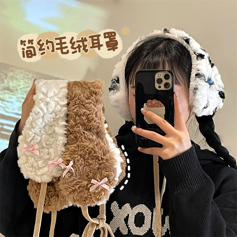 Nuevo estilo ins orejeras con cordones invierno niña linda niña bicicleta orejeras calentamiento de orejas estudiantes felpa cálido protección auditiva babero
