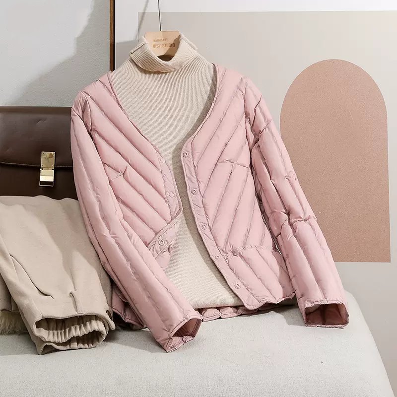 Transfronterizo Tik Tok90 camisa de plumón para mujeres corto ligero invierno invierno cuello redondo cuello en V chaqueta casual