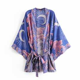 秋季欧美女装欧美人棉定位水印花腰带和服女  8571