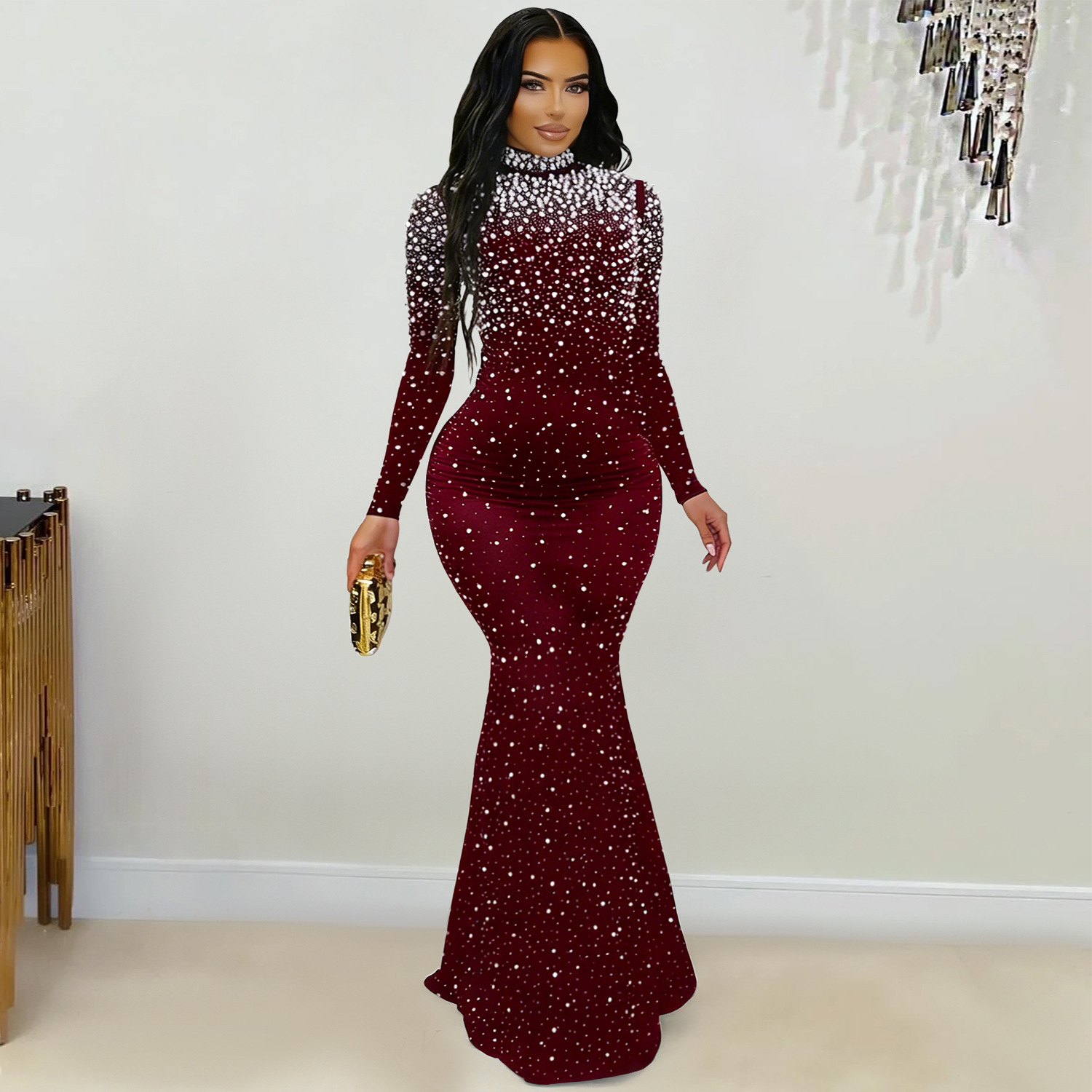 C7622 Aliexpress transfronterizo Amazon Europa y América moda de mujer elegante cuello alto bolsas de diamantes calientes vestido de cadera image 5