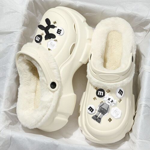 Women's Height-Increasing Cotton Slippers — Autumn/Winter Style, Hollow-Out Shoes with Fleece Lining, New Thick-Soled, Non-Slip, Warm, Detachable Cotton Slippers for Outdoor Wear