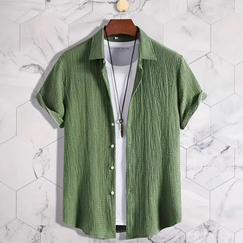 European and American Cross-border Men's New Short-sleeved Shirt Solid Color Fashion Comfortable Holiday Casual Wrinkled Men's Short-sleeved Shirt