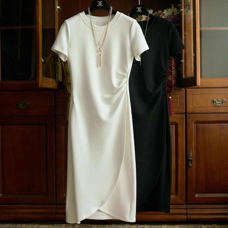 Spot version of the upper body knock good-looking side waist pleat drape air layer slim-fit dress