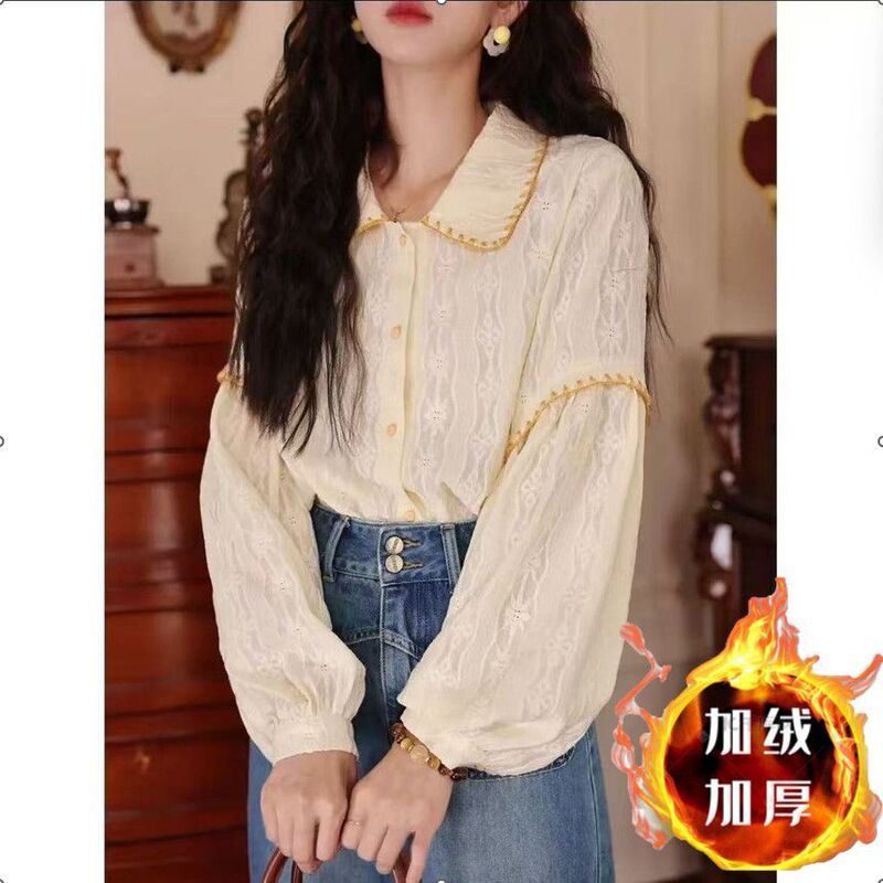 Retro Hong Kong Style Lace Shirt Long-Sleeved Temperament Shirt Autumn New Fashion Loose Versatile Top