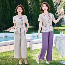 新中式妈妈夏装套装2025新款中年妇女上衣中老年夏季洋气短袖上衣