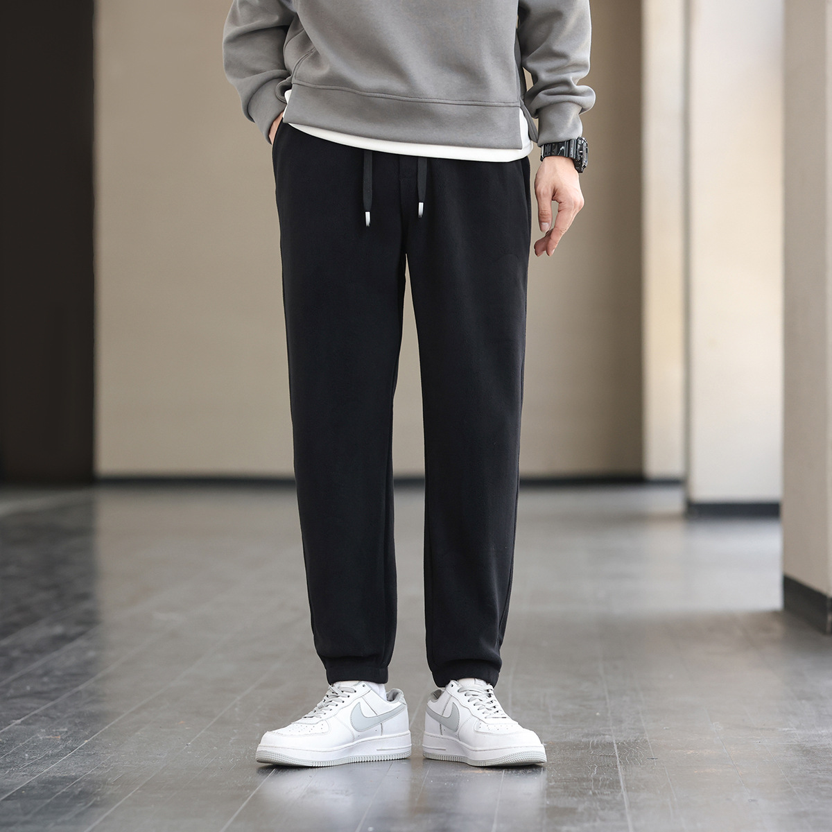 冬装新品青年男士卫衣休闲宽松运动加绒加厚保暖长裤松紧腰束口裤