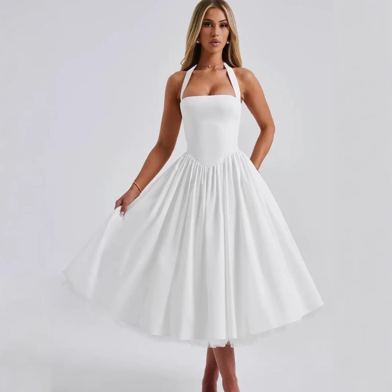 French Halter Neck Backless Dress Sexy Tie Up Midi Skirt Mesh Fabric Women's Clothing New_ecoleips.com