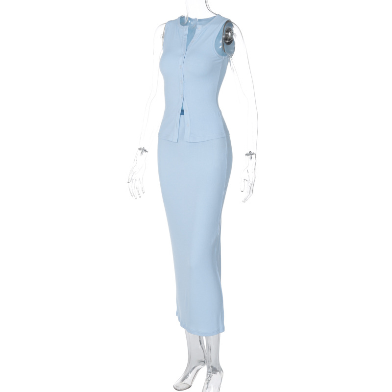 Women Solid Color Sunken Stripe Sleeveless Buckle Cardigan Vest Skirt Two Piece Set